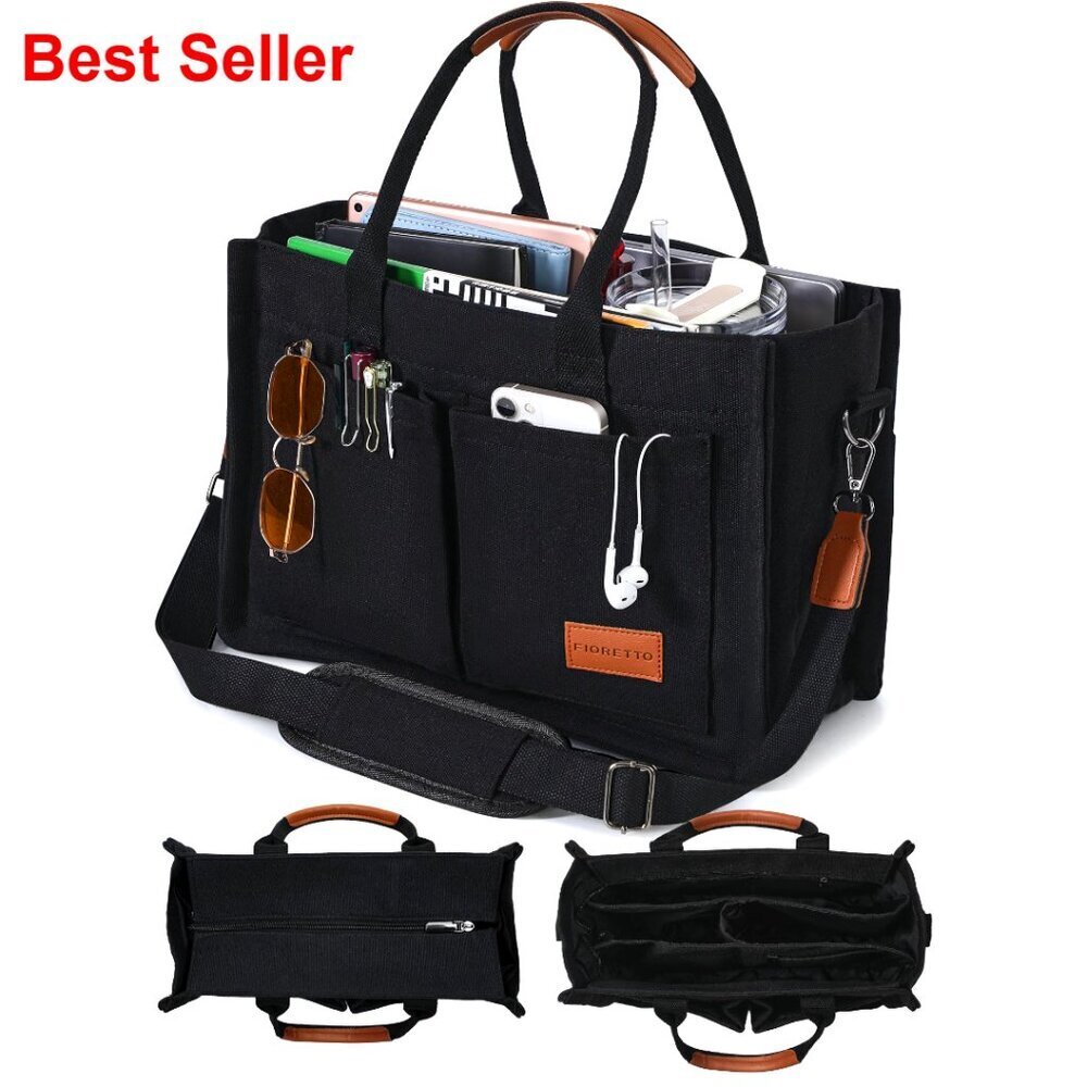 Canvas Tote Bag with Zipper Closure & Multiple Compartments for Work